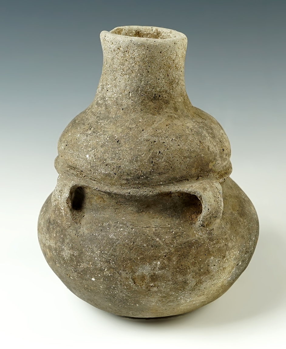 6 5/8" tall x 5 3/16" wide Mississippian Bottle in strap-handled Jar Compound Vessel. Missouri.