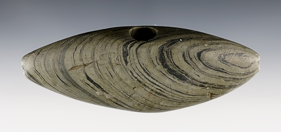 4 3/4" Wing Bannerstone made of green and black Banded Slate. Found in Indiana.