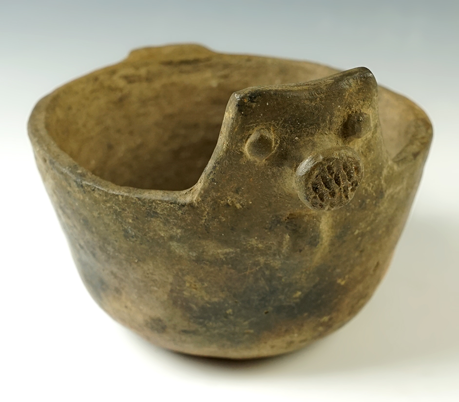 5 3/8" wide x 4 3/8" tall Mississippian Bat Effigy Bowl. Lee Co., Arkansas.