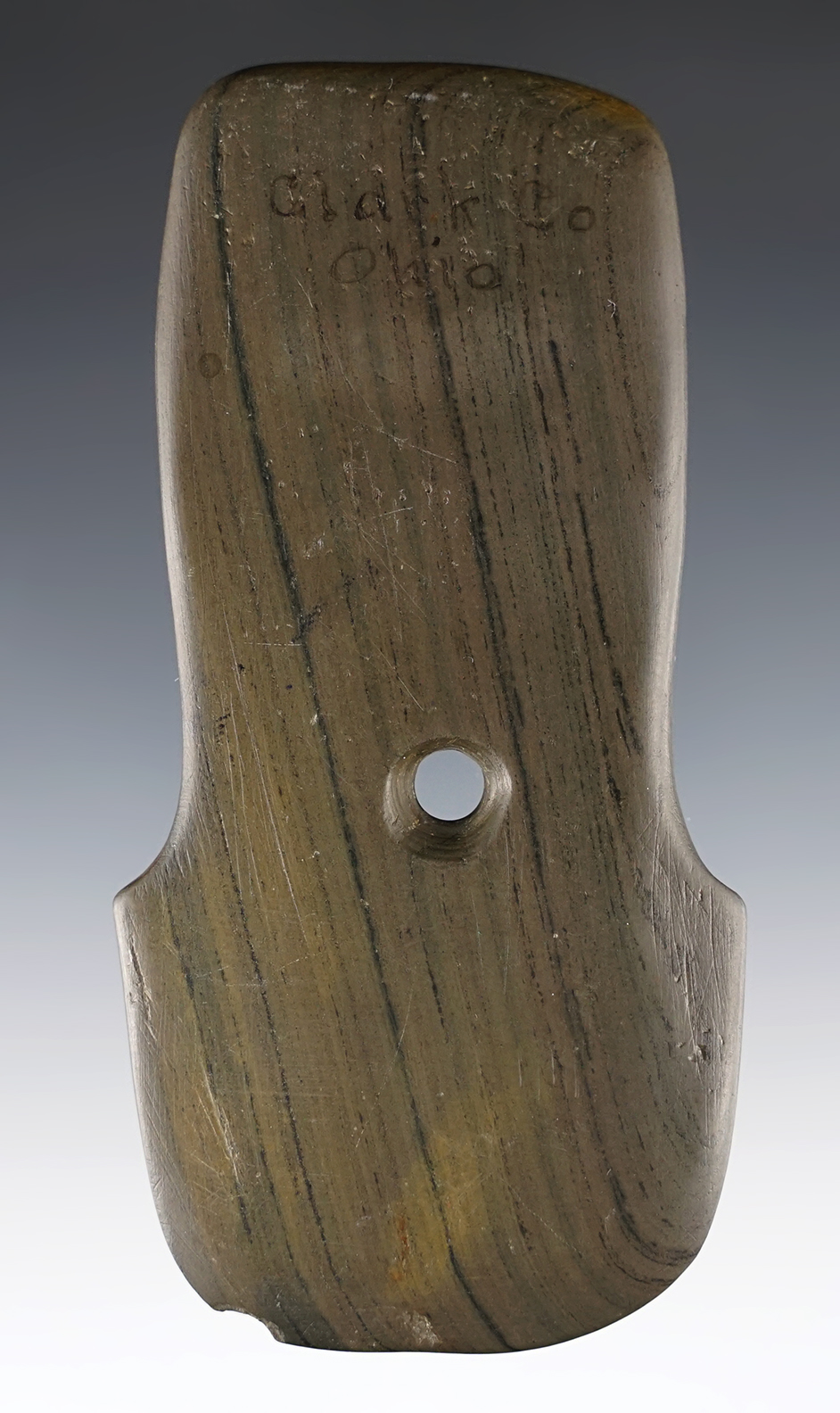 4 5/16" Green and Black Banded Slate Shovel Pendant. Found in Clark Co., Ohio.