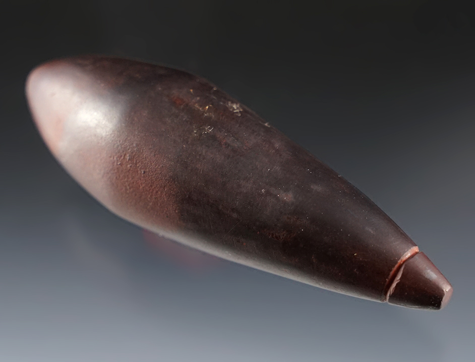 3 3/16" Grooved Plummet made from well polished Hematite. Found in Brown Co., Illinois.