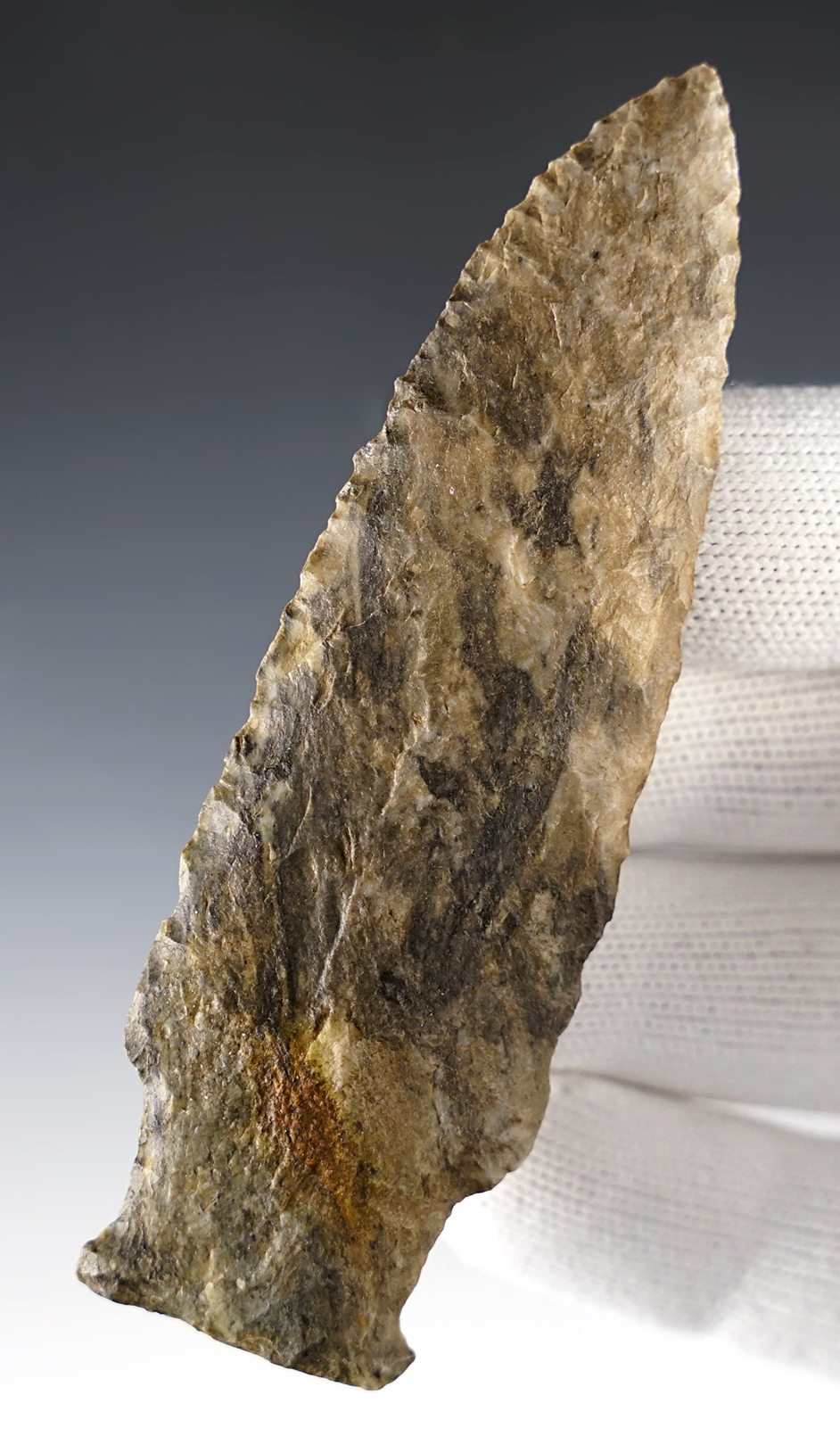 3 7/8" Paleo Stringtown Lance made of Mottled Coshocton Flint. Found in Richland Co., Ohio.