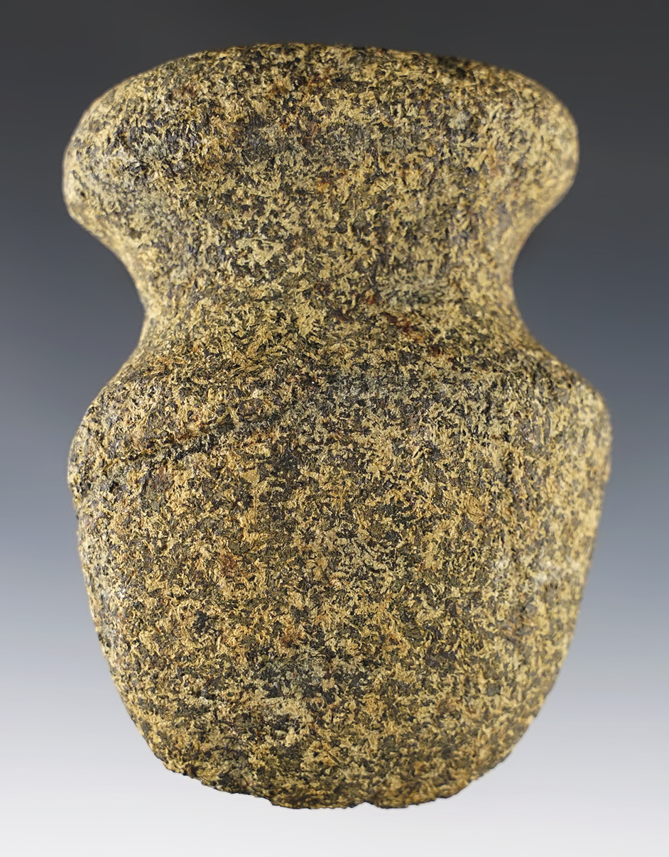 3 3/4" Speckled granite Full Groove Axe. Nice example. Recovered in Fairfield Co., Ohio.