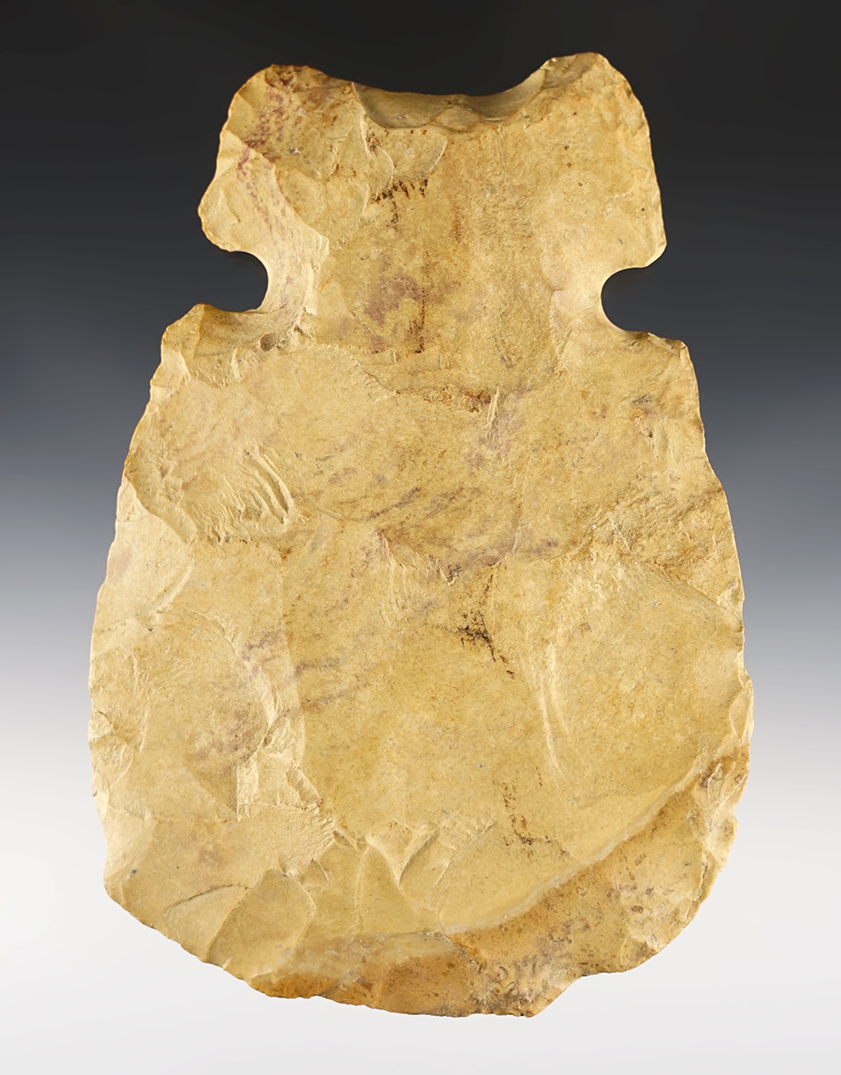 6" Notched Hoe made from patinated Mill Creek Chert. Found in St. Clair Co., Illinois. COA.