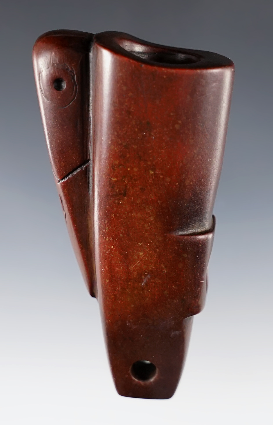 3 1/8" Avian Effigy Vasiform Ft. Ancient Pipe made from red Slate. Recovered in southern Ohio.