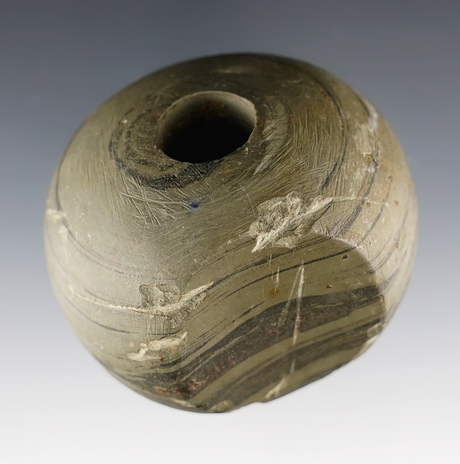 1 7/8" Fluted Ball Bannerstone found near Wilmington, Clinton Co., Ohio. Ex. Cameron Parks.