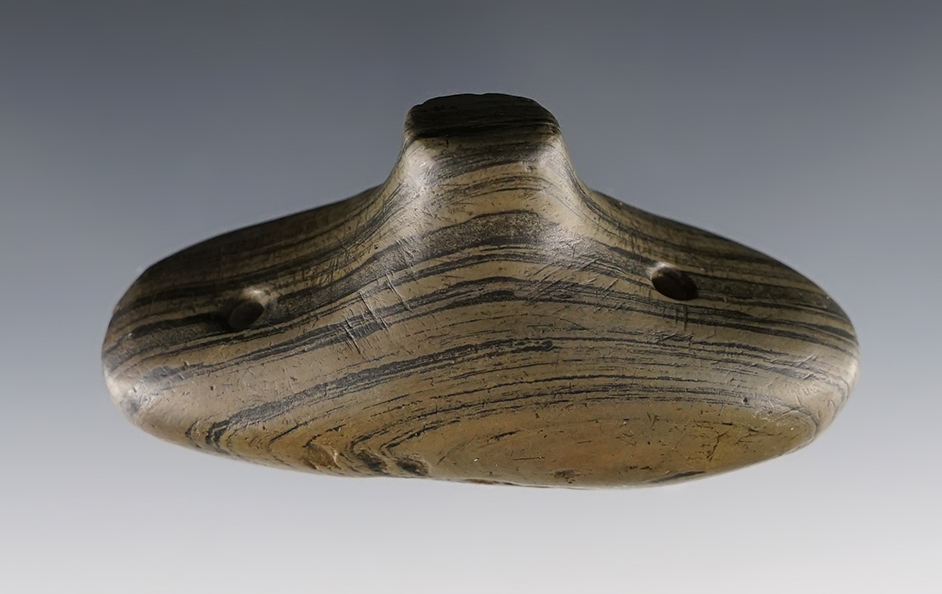 2 7/8" highly banded Glacial Kame Spineback Gorget. Found in Wood Co., Ohio.