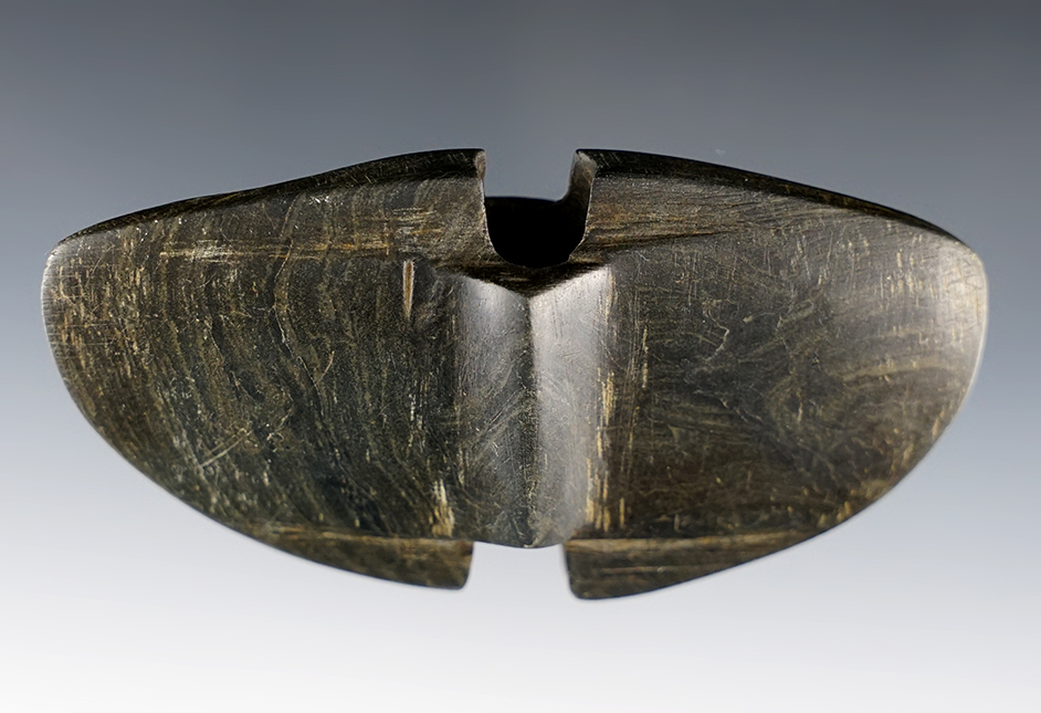 3 11/16" x 1 7/8" Double Notch Wing Bannerstone made from Slate. Knox Co., Ohio. COA.