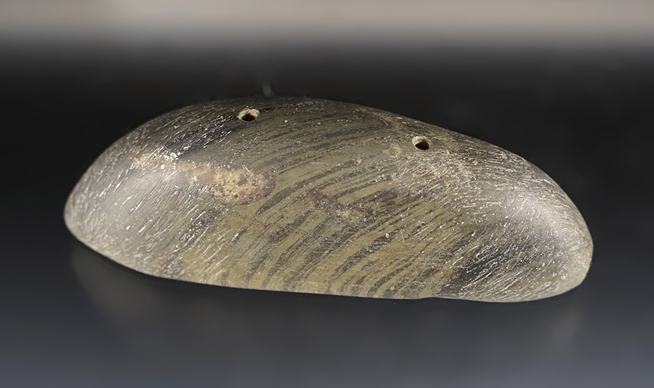 3 3/4" Hump Gorget made from Banded Slate. Found in Allen Co., Ohio.