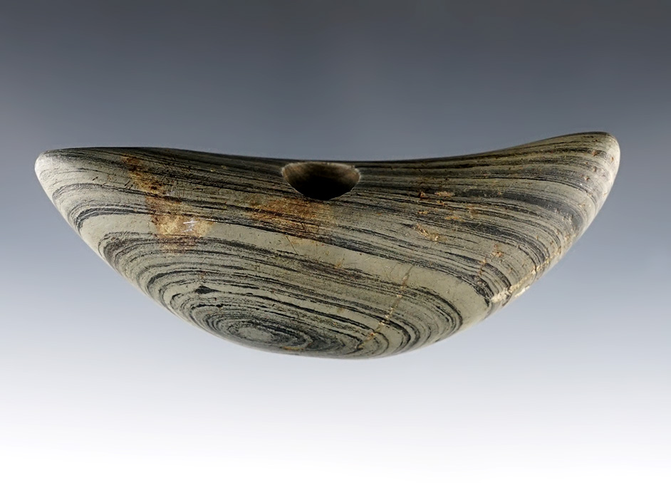 3 7/8" Crescent Bannerstone from green and black Banded Slate. Found in Hardin Co., Ohio.