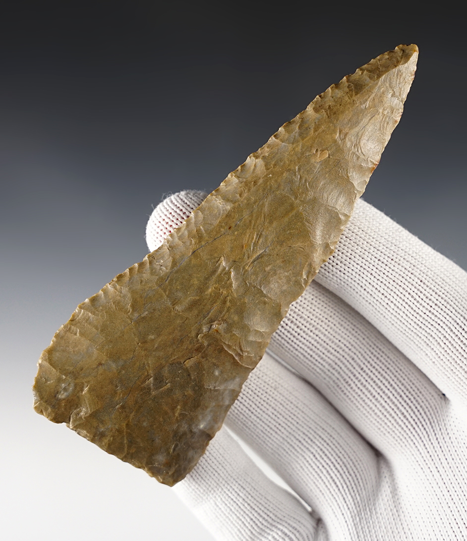 4 3/8" steeply beveled Cobbs Knife found in Logan Co., Kentucky. Made from Ft. Payne Chert.