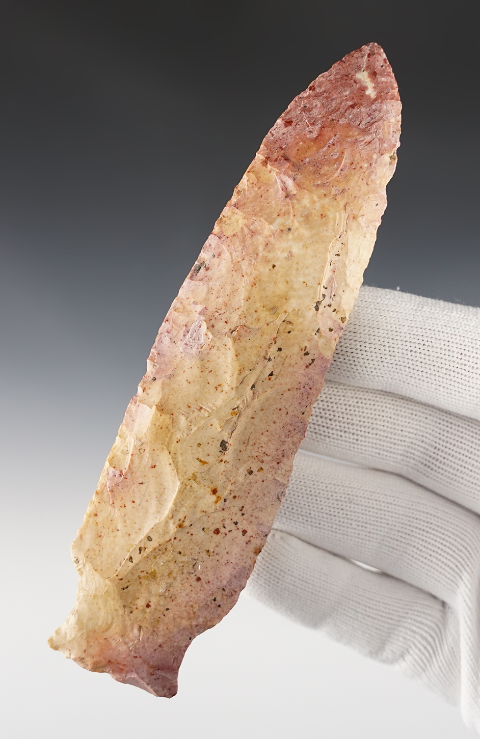 5 9/16" Matanzas-type point. Found in Pike Co., Illinois, from heat-treated Chert. Dickey COA.