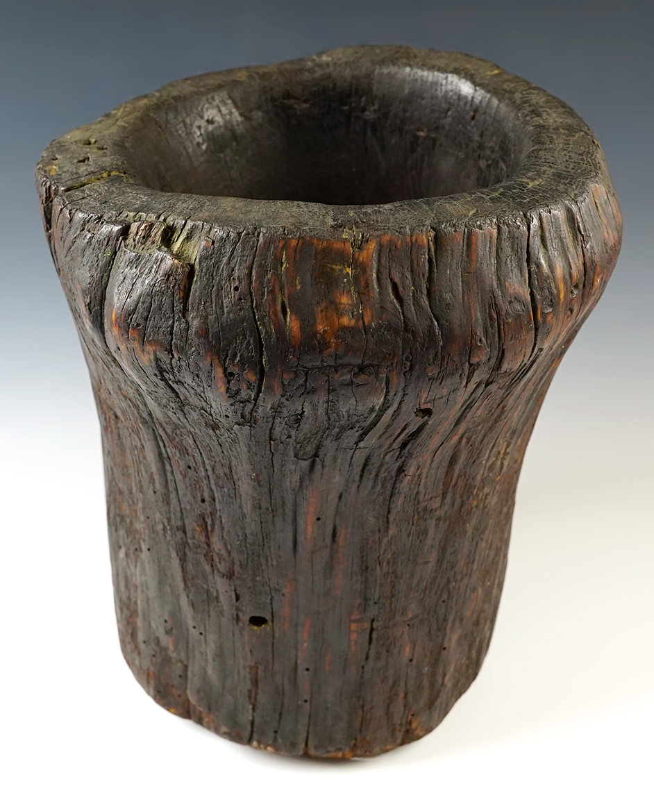 10 1/2" tall by 9" wide Iroquois Wood Mortar recovered in Kingston, New York.