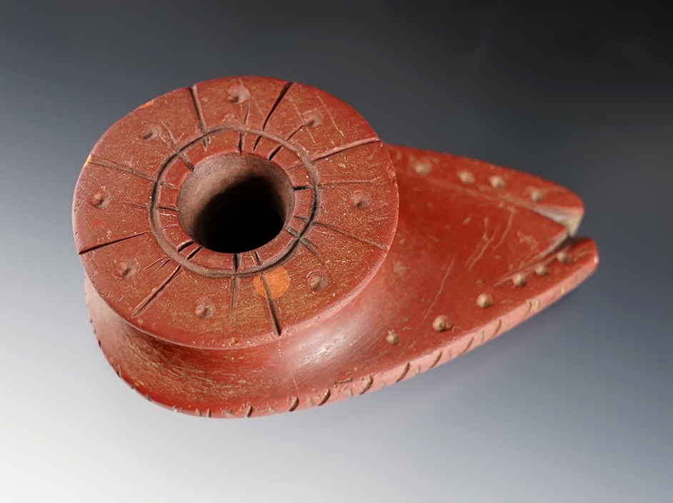 2 7/8" long by 1 5/8" wide Catlinite Proto-historic Sun Disc Pipe. Belpre, Washington Co., Ohio.