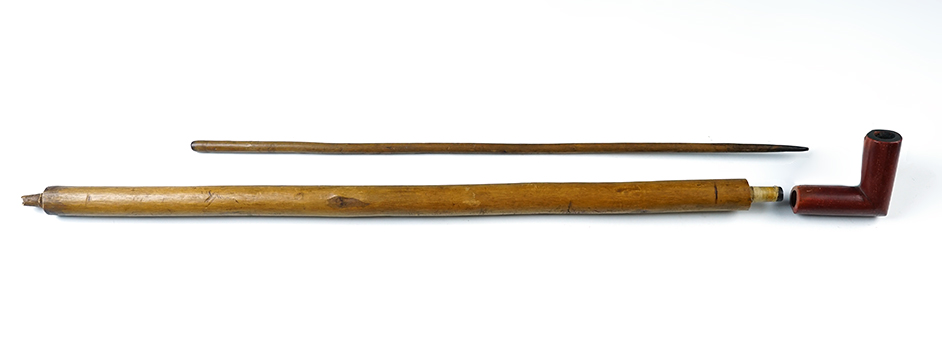 2 5/8" x 2 3/8" Northern Plains Catlinite Pipe w/ 19 1/2" wood stem and 17" wood Pipe Tamper.
