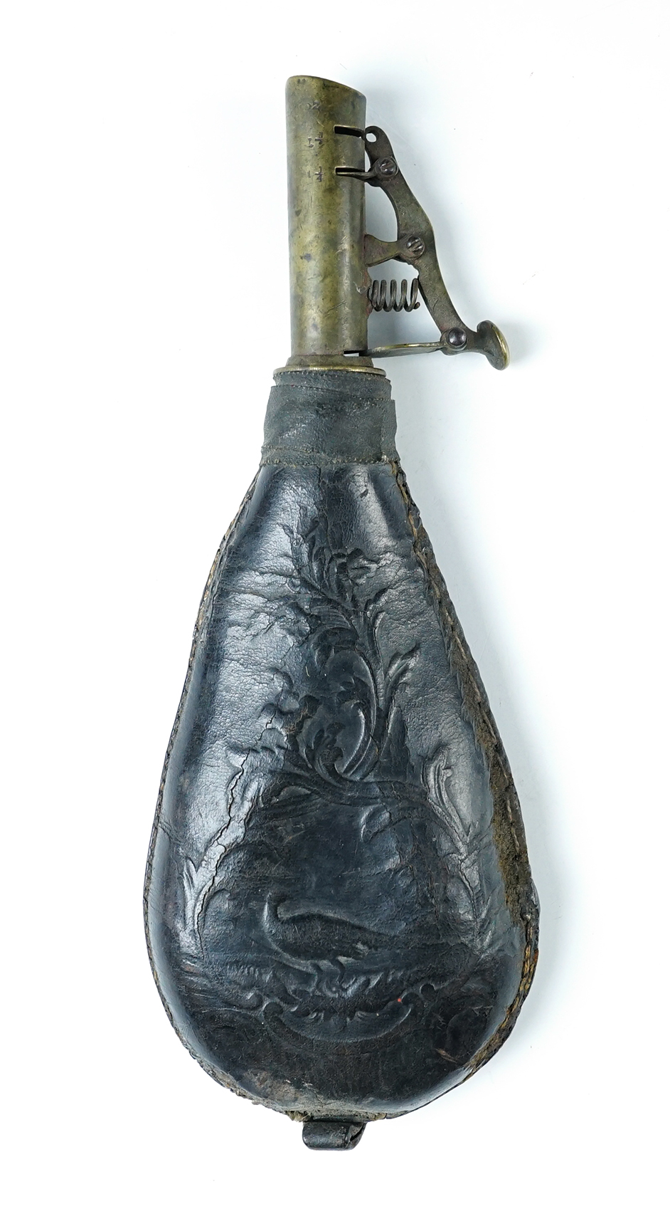 Vintage 1800's 8" long leather and Copper Flask for black powder gun.