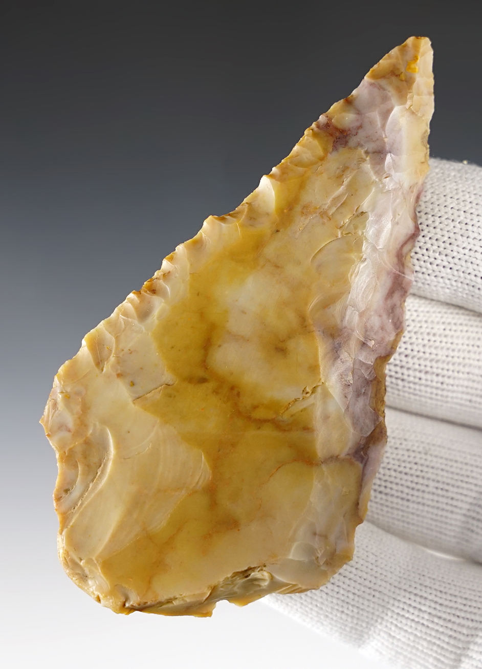 3 11/16"  highly colored Flint Ridge Uniface Paleo Blade. Purple and yellow. Union Co., Ohio.