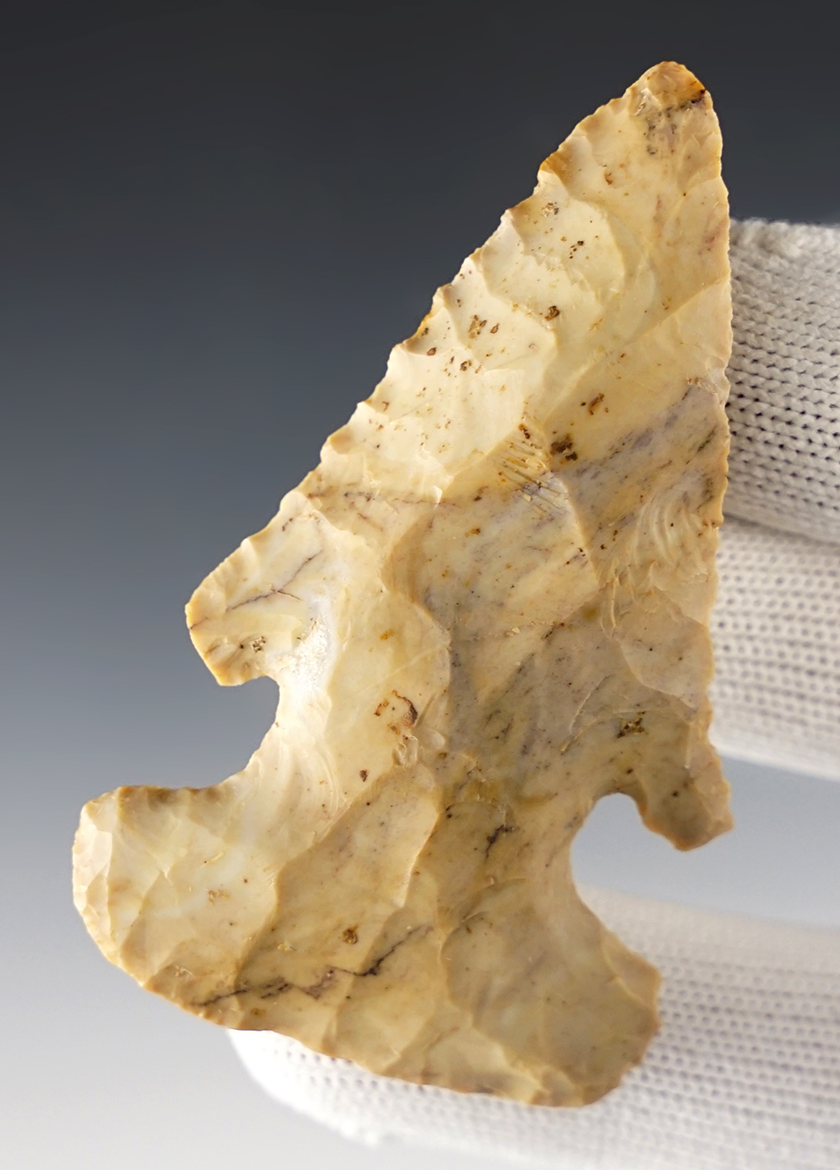 2 3/4" Archaic Thebes. Found in Fairfield Co., Ohio, from patinated Flint Ridge Flint. COA.