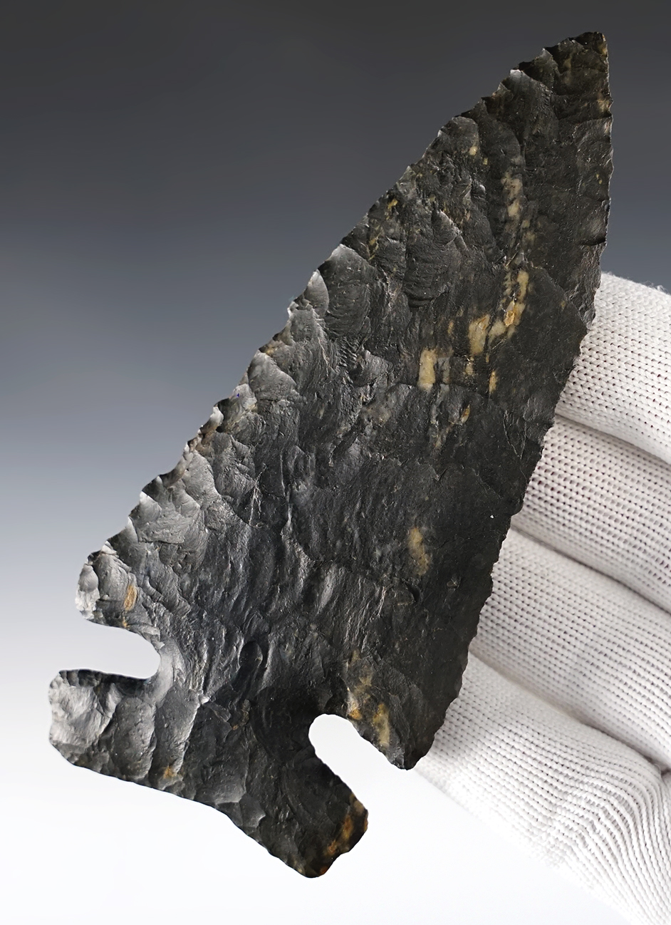 4 5/16" Archaic Sidenotch. Made of Coshocton Flint. Found in Fairfield Co., Ohio. Bennett COA.