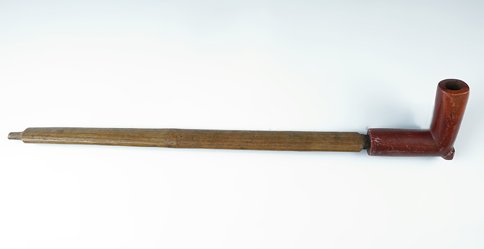 3 3/8" x 3 1/4" vintage Catlinite Pipe with the original 15 1/2" wood pipe stem.