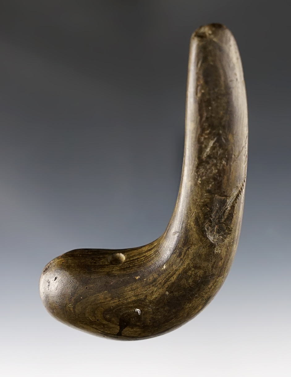 4 1/2" Geniculate Bannerstone made from banded Glacial Slate. Recovered in Ohio.