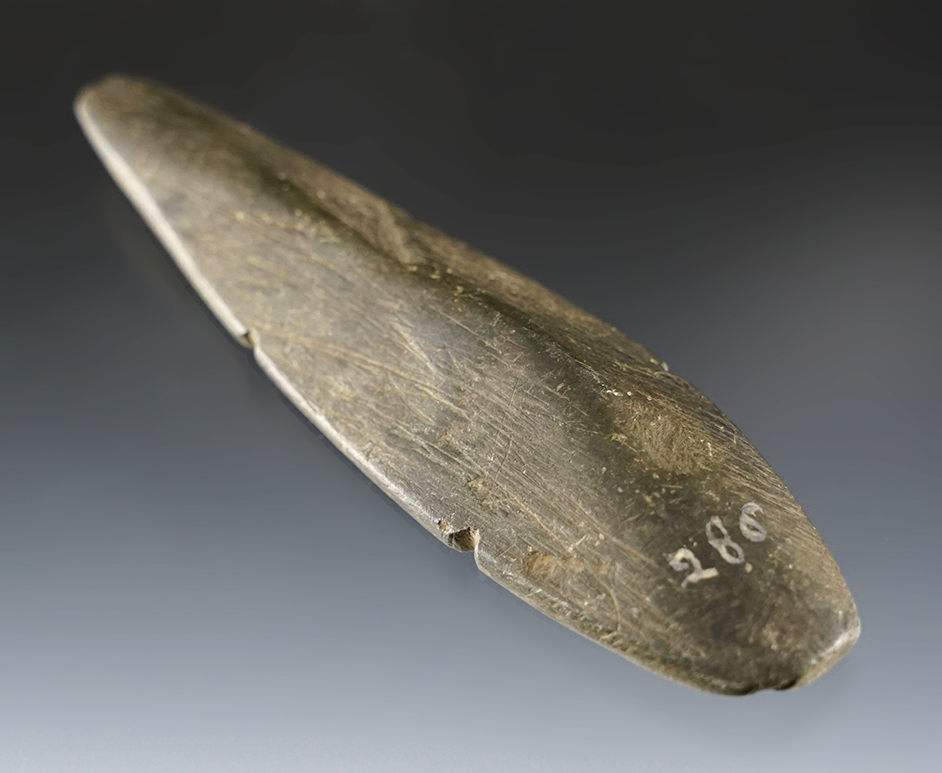 4 3/4" Ridged Bar Weight with four attachment notches. From Glacial Slate. Found in Ohio.