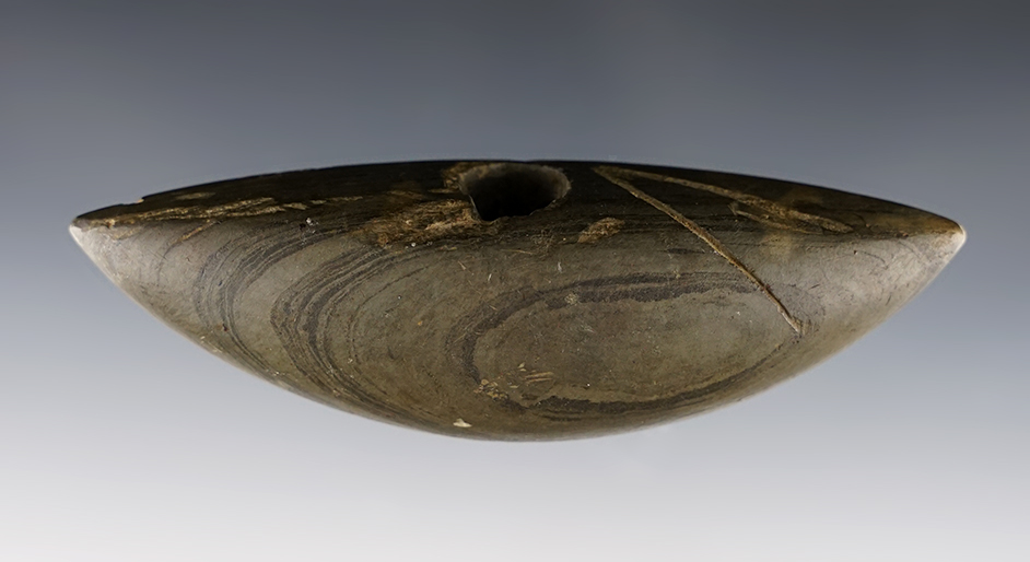 4 1/8" Pick Bannerstone made from green and black Banded Glacial Slate. Found in Ohio.