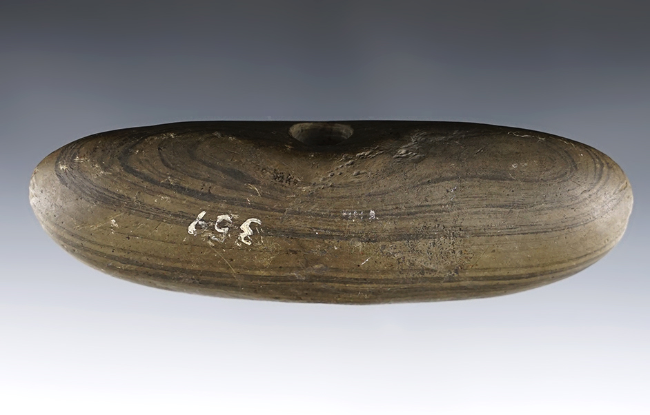 4 13/16" Wing Bannerstone in excellent condition, made from green and black Banded Glacial Slate. Found in Ohio.