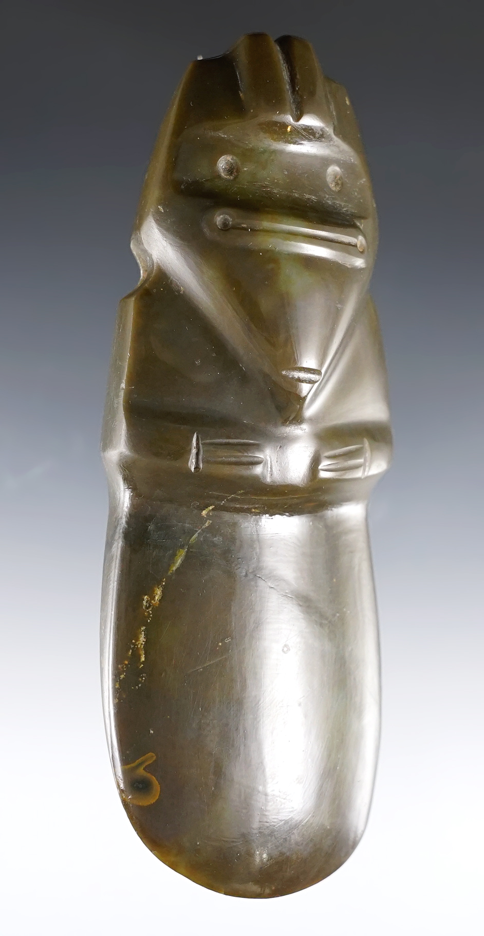 5" Axe God made from jewel grade Jade. Recovered in Guanacoste, Costa Rica.