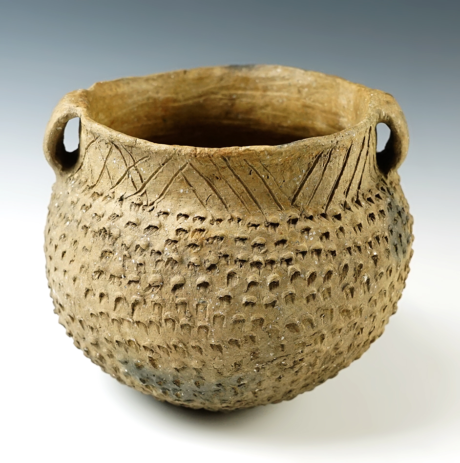 6" wide x 4 5/8" tall Barton Incised Strap Handle Jar. Recovered in Pemiscot Co., Missouri.