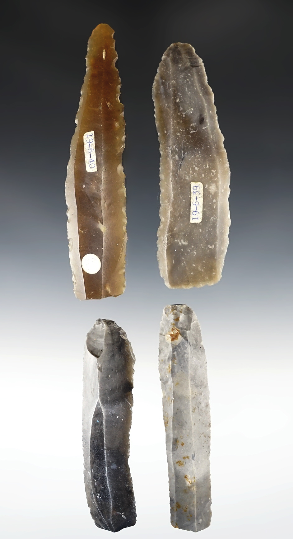 Set of 4 nice Flint Bladelets circa 8,000 BC. Found south of Copenhagen, Denmark.
