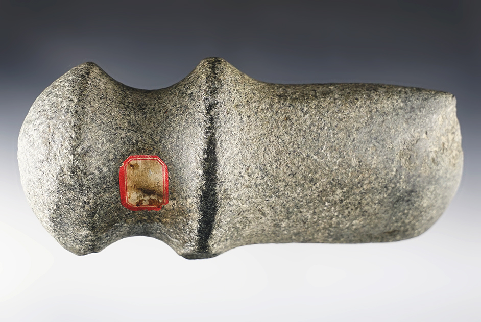7" long by 3 3/8" wide Full Groove Axe made from gray Diorite. Jon Dickinson COA.