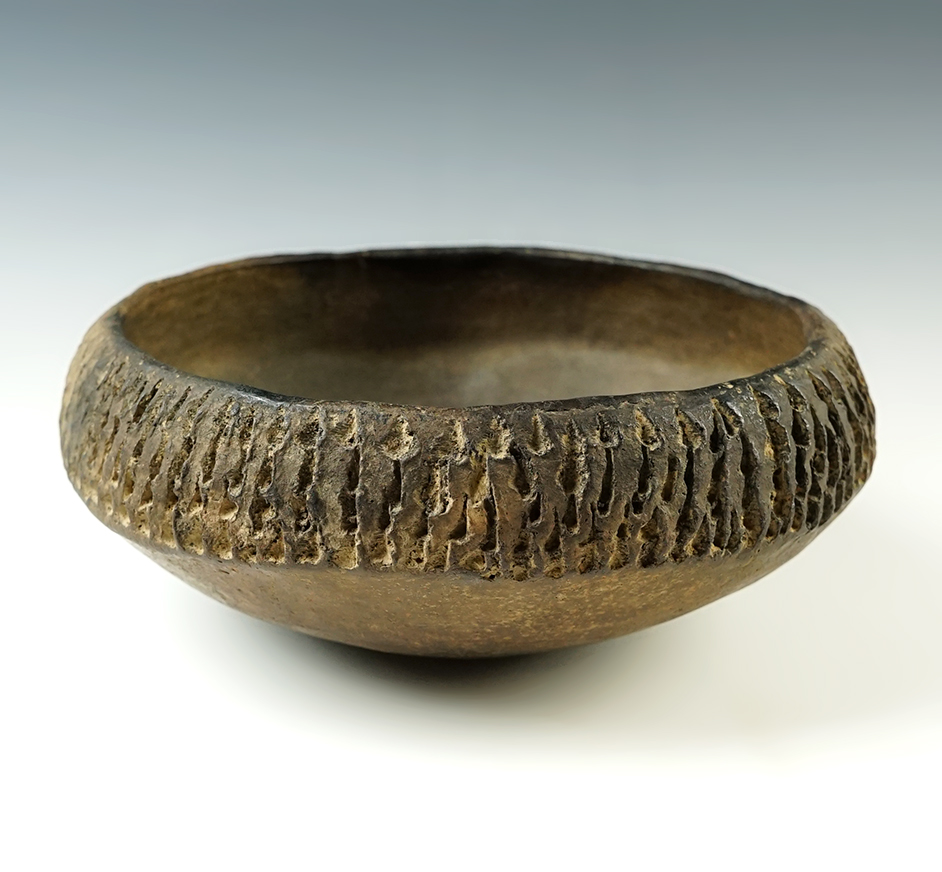 8" wide by 3 1/4" tall Caddo Fingernail Impressed Bowl recovered in Bowie Co., Texas. COA.