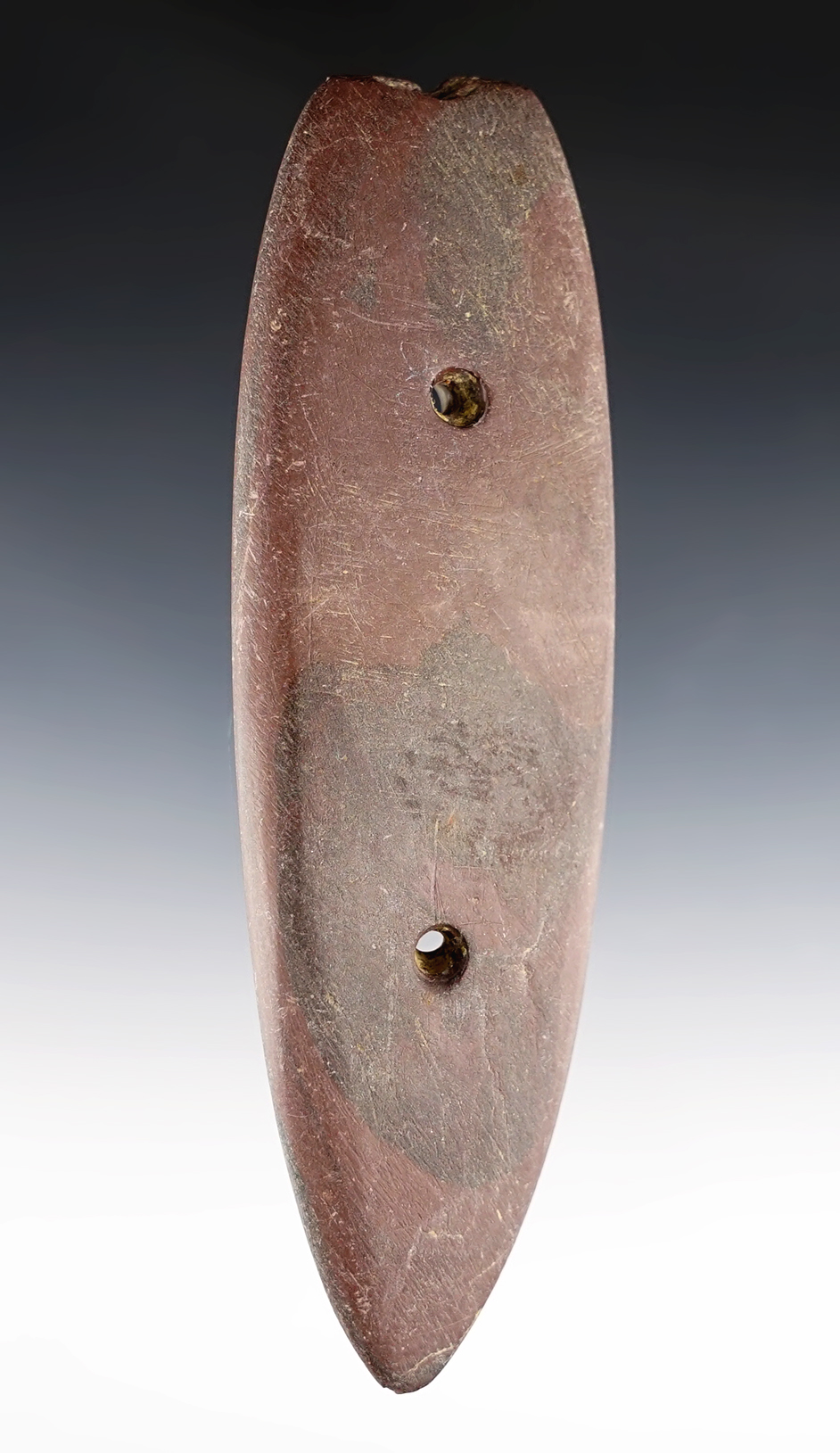 Well made 5 11/16" Glacial Kame Gorget made from red Slate. Found  in Delaware Co., Ohio.