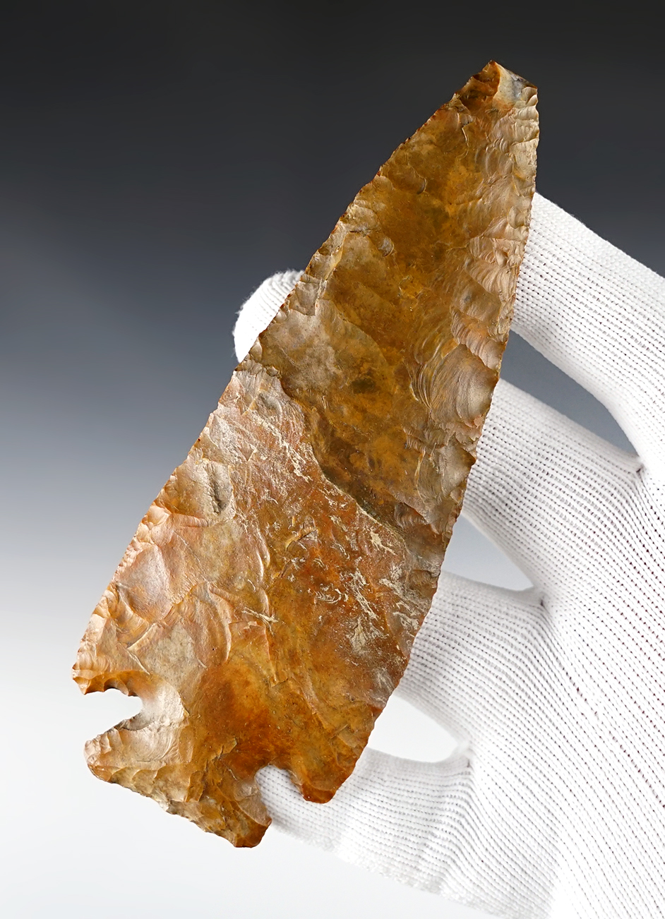 Large and fine! 5 3/16" Archaic Cornernotch that is patinated. Found in Delaware Co., Ohio.