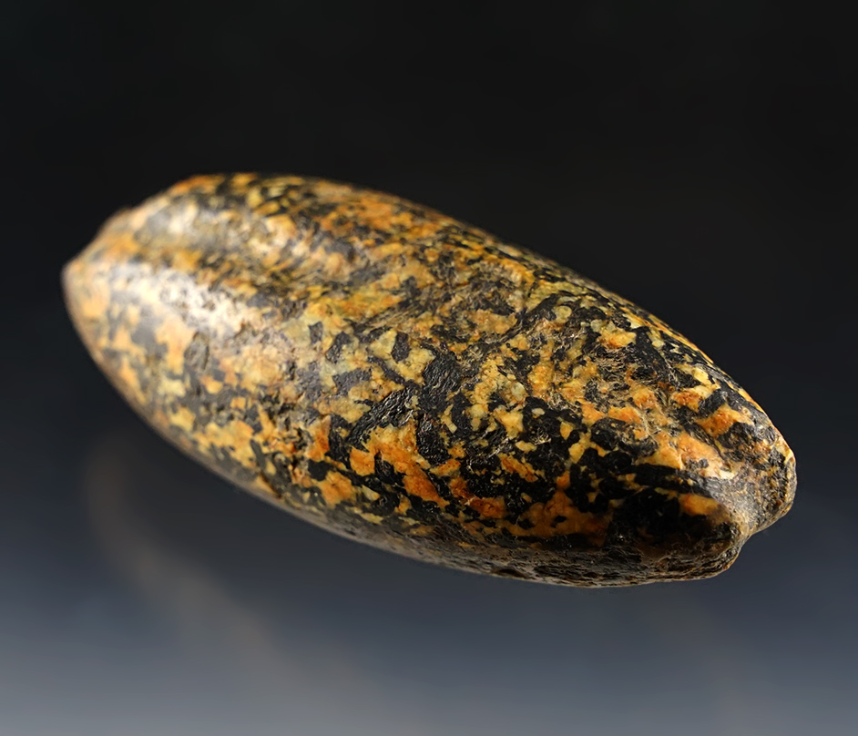 Unique 3 3/8" Grooved Weight made from beautifully colored Hardstone. Found in Indiana.
