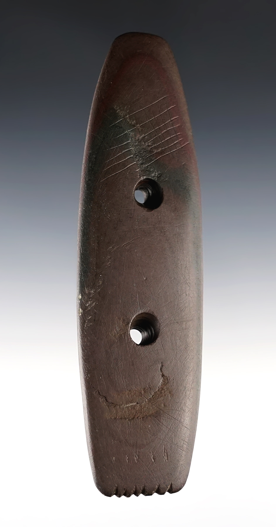 5 5/16" Gorget made from brown and black Banded Slate. Found Miamisburg, Ohio.