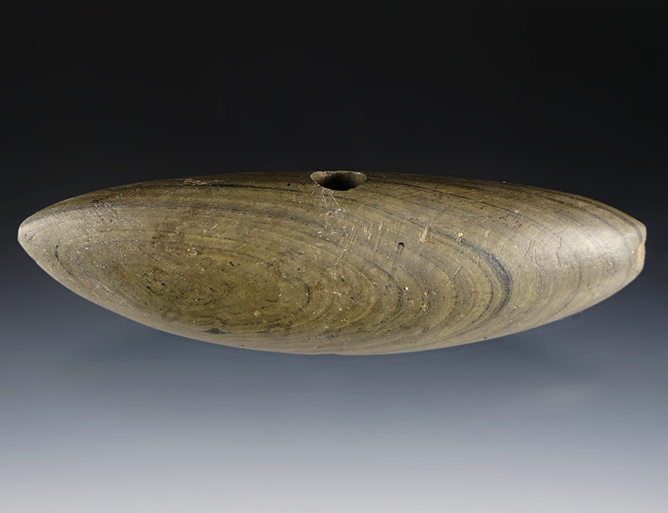 5 1/4" Pick Bannerstone made from green and black Banded Slate. Randolph Co., Indiana.