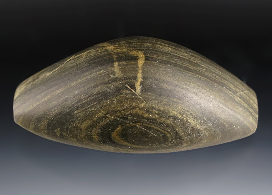 3 5/8" Banded Glacial Slate Cupped Boatsone. Found in Adams Co., Ohio.