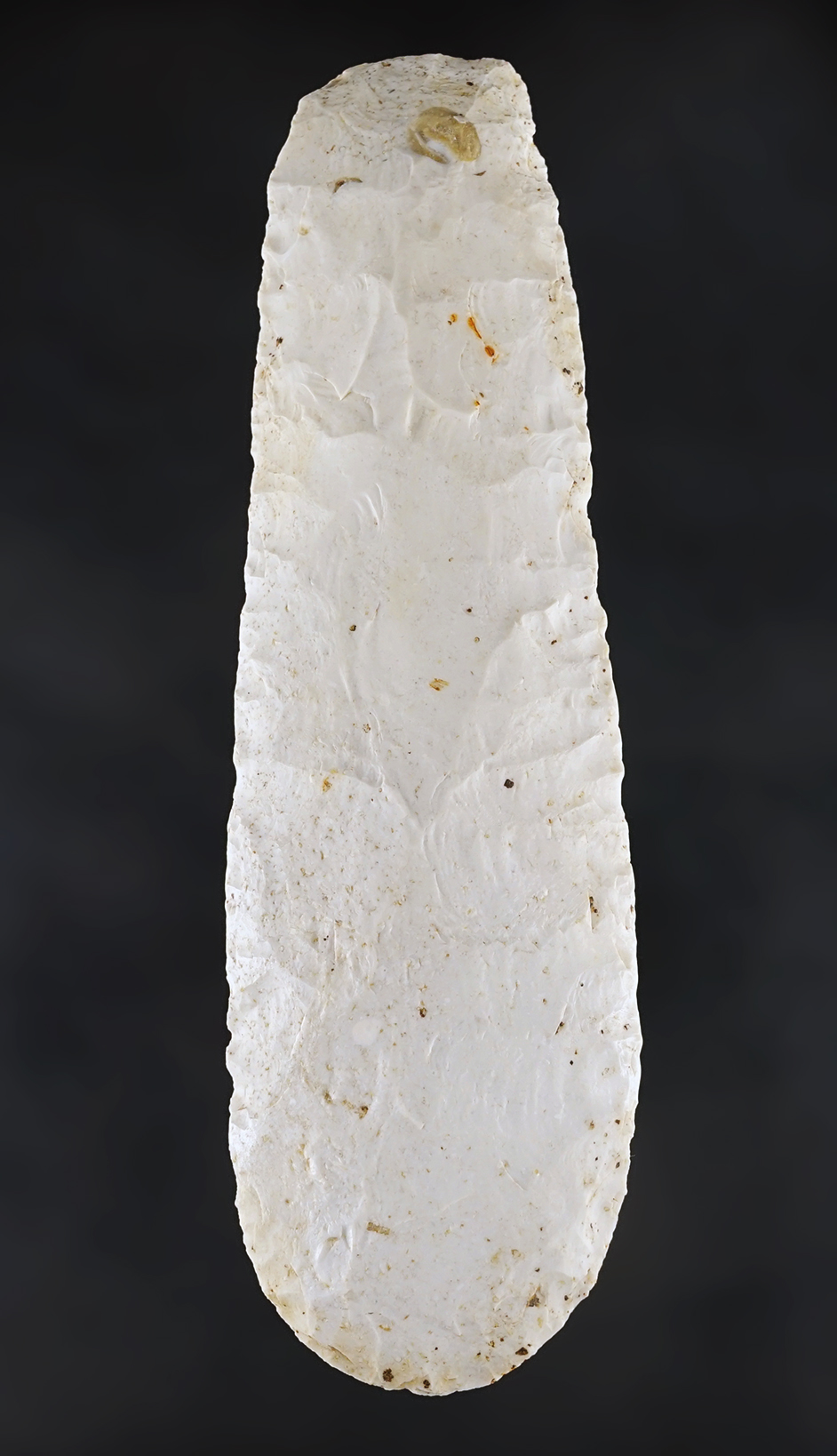 High quality 7 11/16" long Flint Celt made from Burlington Chert. Recovered in Illinois.