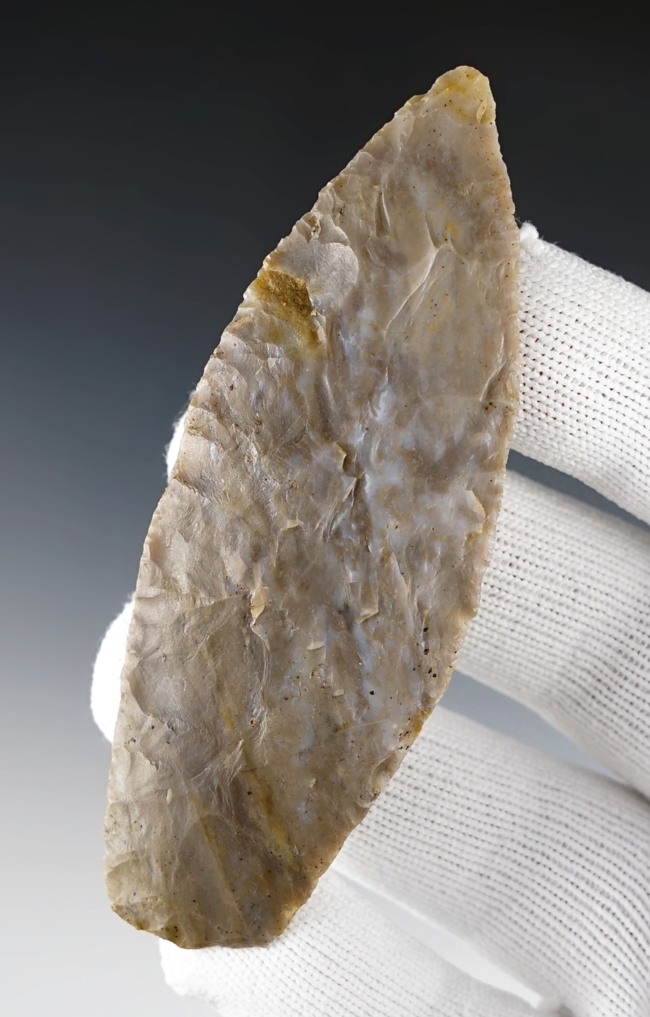 3 11/16" Paleo Lanceolate made of blue and gray Flint Ridge Flint. Found  in Wayne Co., Ohio.