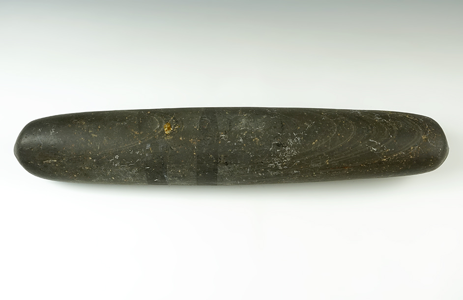 16 5/8" Roller Pestle made from Banded Slate. Found in Sandusky Co., Ohio.