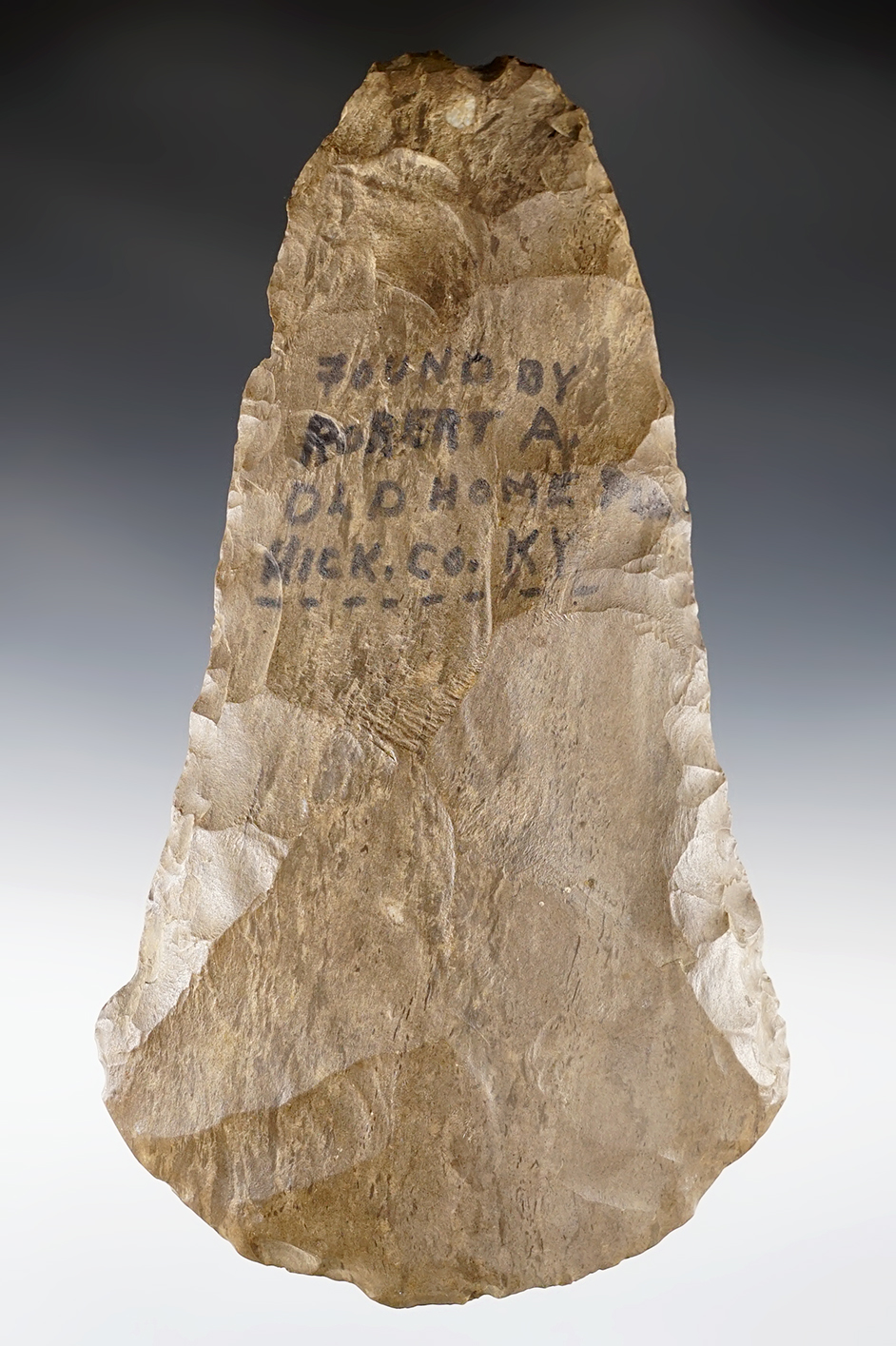 8 1/4" long by 4 1/2" wide Dover Flint Flared Bit Mississippian Hoe. Found in Kentucky.