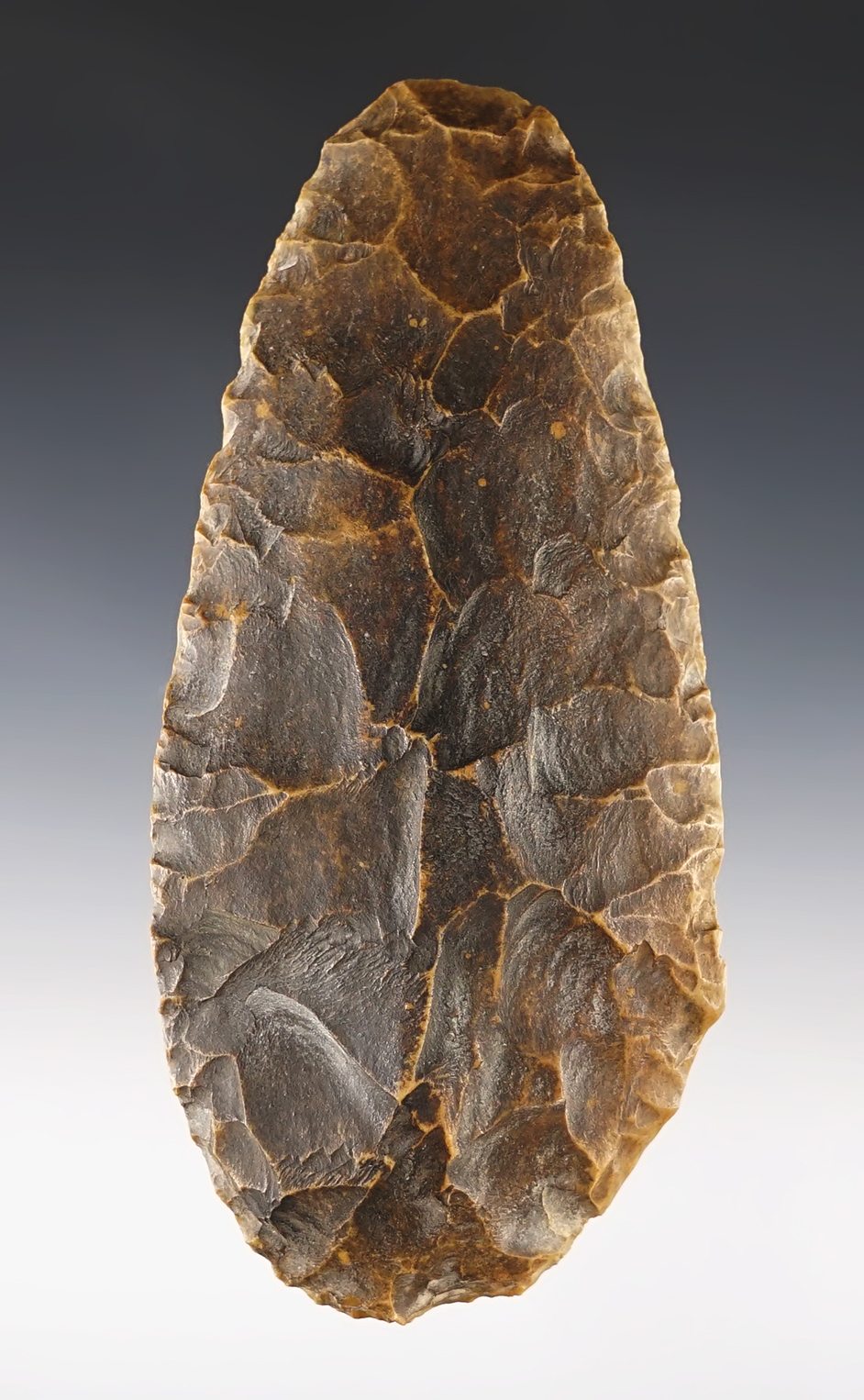 5 3/8" Flint Hoe with heavy river patina. Recovered in Tennessee.