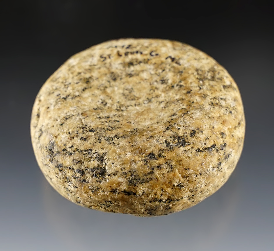 2 1/8" Discoidal made from speckled Hardstone. Found in St. Louis Co., Missouri. COA.