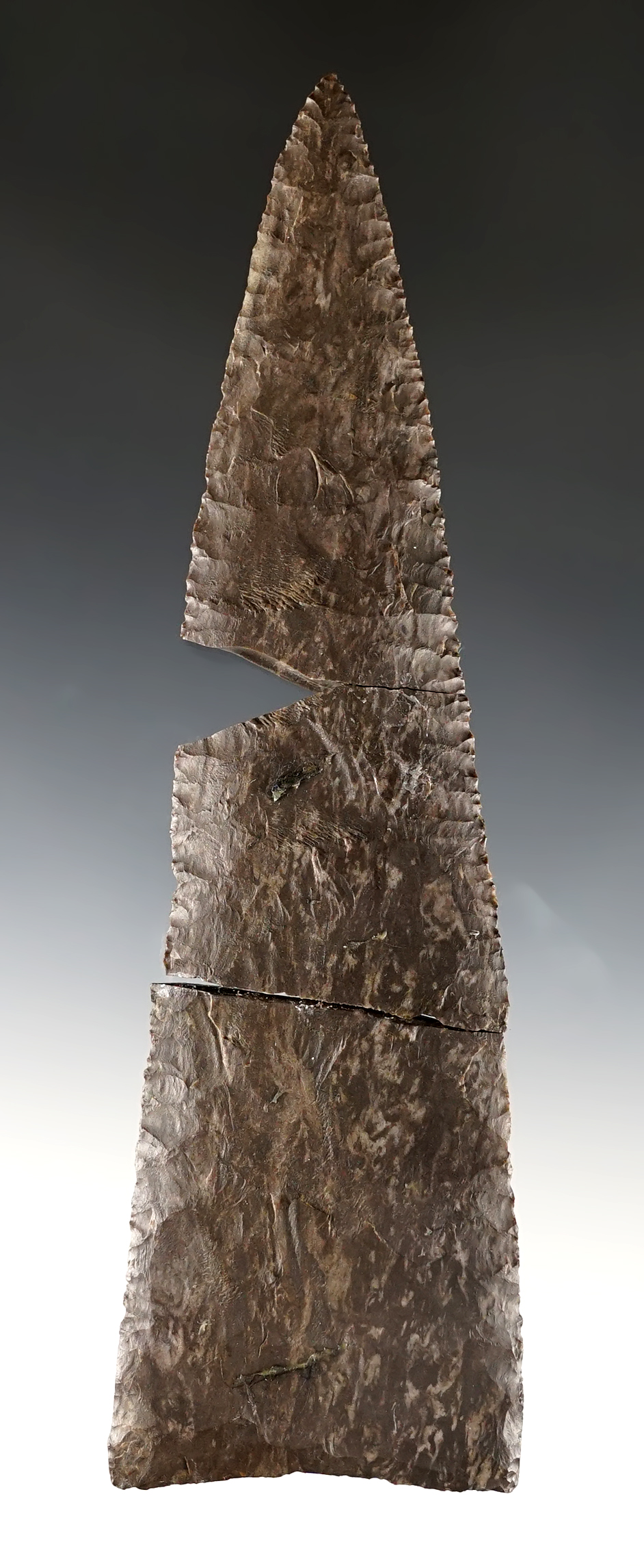 7 3/16" Dover Flint Triangular Knife. From Harpeth River Cache found in 3 sections.Tennessee.