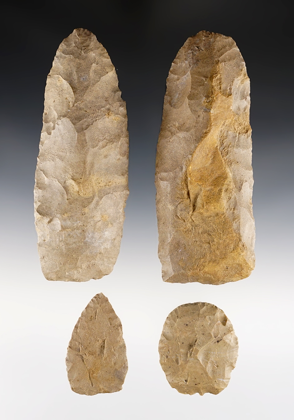 Set of 4 Ft. Payne Chert Preforms/Blanks. Largest  4 13/16". Harpeth Site in Stanfield, Tennessee.