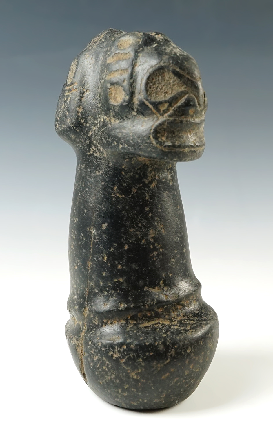 8" tall carved Taino Zemi Effigy Pestle made from Hardstone. Recovered in Hispaniola.
