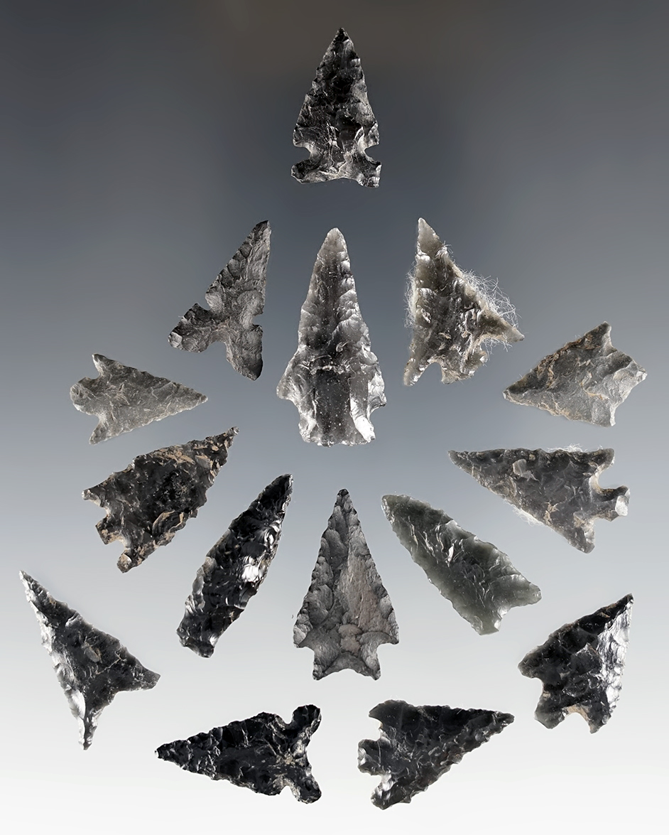 Set of 15 nicely made points found in Oregon. Made from Obsidian. The largest is 1 1/16".