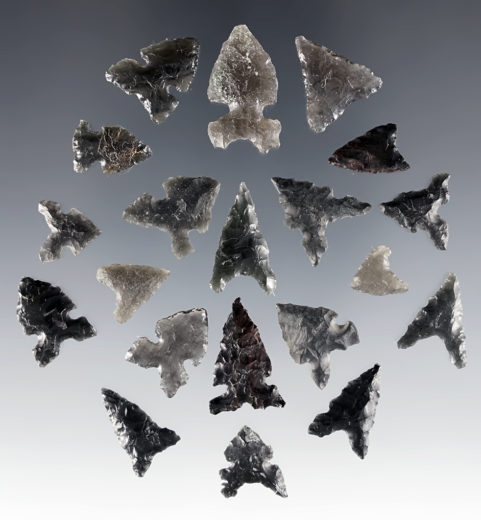 Set of 20 Obsidian Arrow Points found in the Great Basin area. The largest is 7/8".
